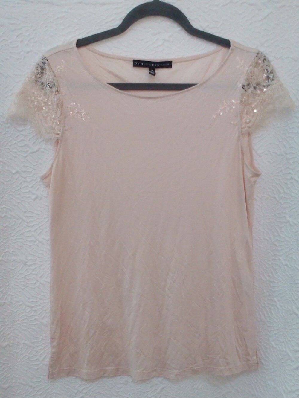 White House Black Market Blush Pink Sequin Lace Cap Sleeve Knit Top - Size M